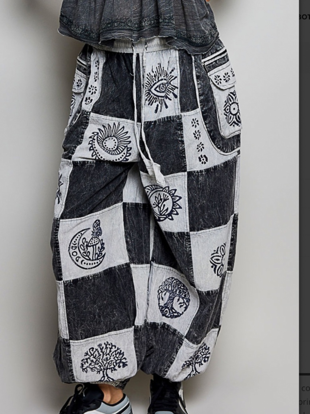 POL Black and White Patchwork Boho Jogger Pants, FREE SHIRT